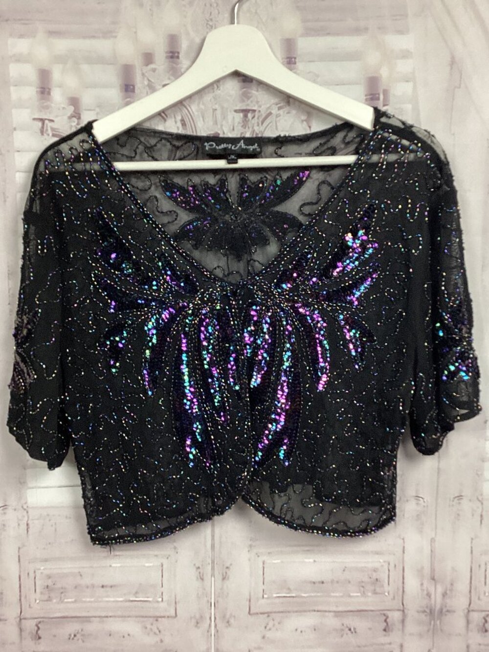 Vintage Pretty Angel Bolero Shrug Sequin Embroidered Silk Blend Cardigan L/XL